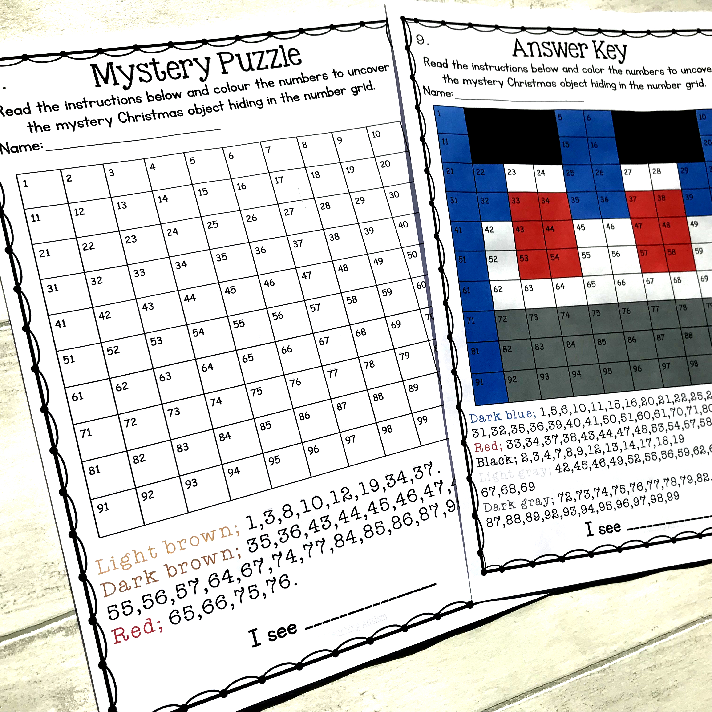 Christmas Math Mystery Puzzles, Number Grids Teaching Autism