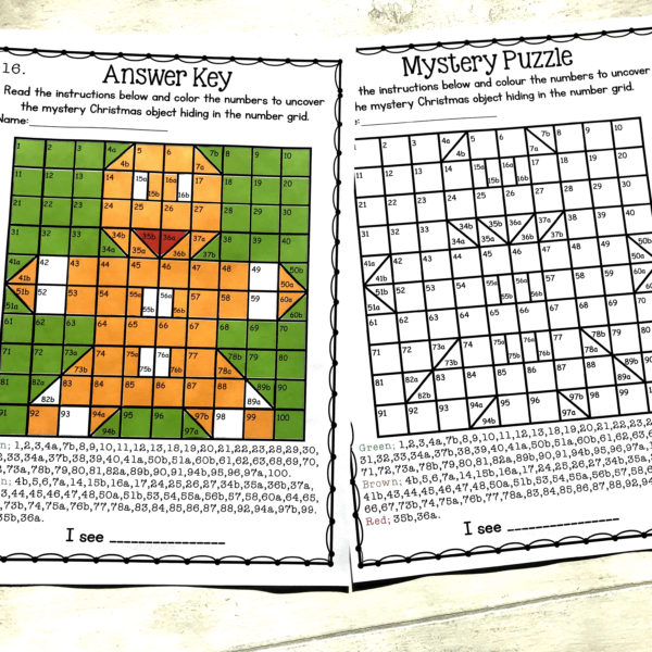 Christmas Mystery Puzzle Number Grid Colouring