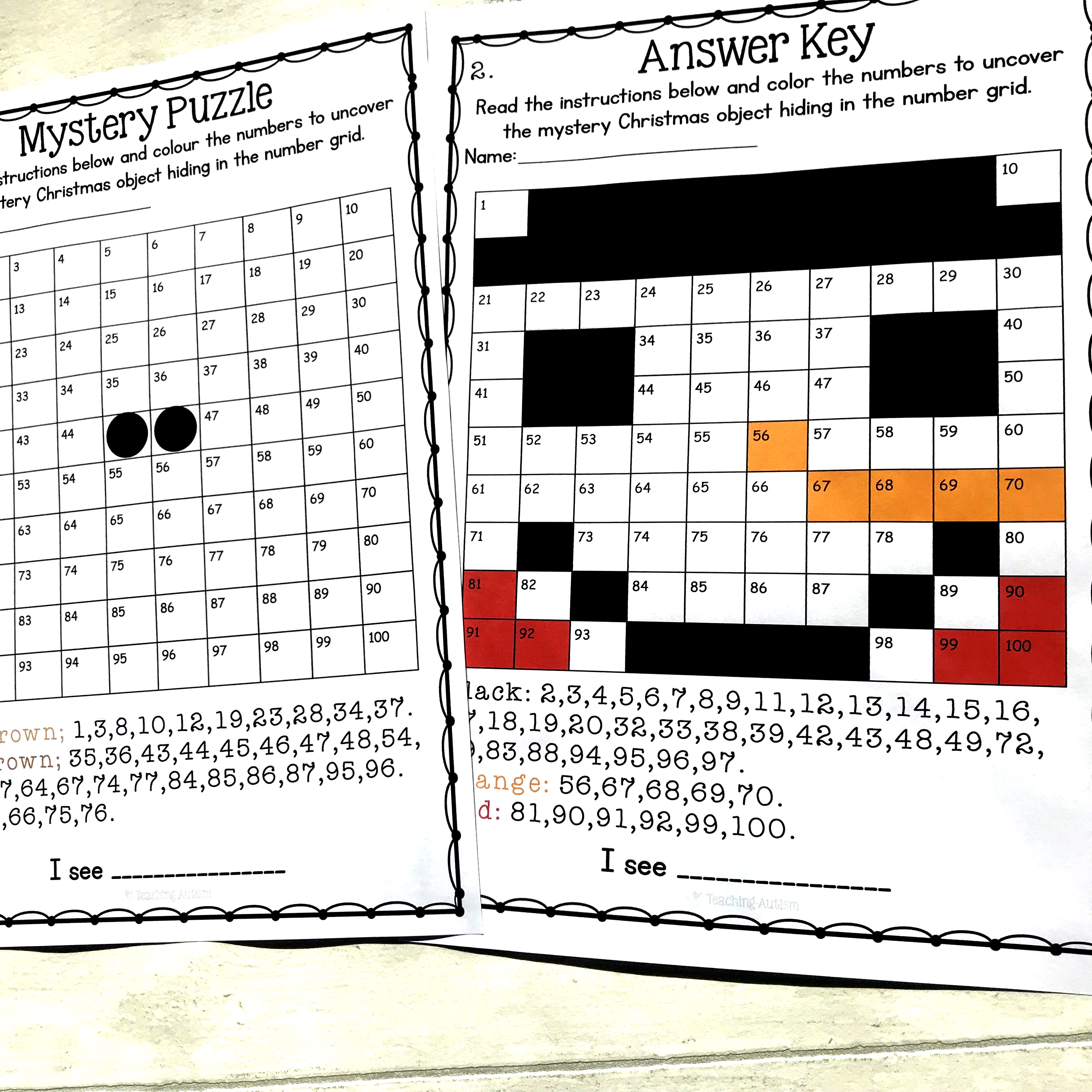 Christmas Math Mystery Puzzles, Number Grids Teaching Autism