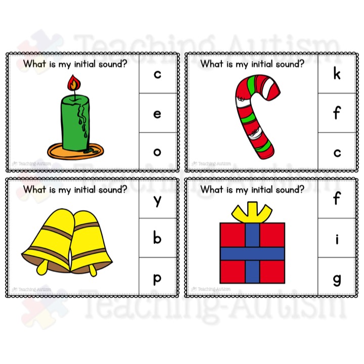 Christmas Initial Sound Task Cards, Literacy Activity - Teaching Autism