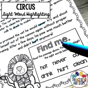 Circus Sight Word Highlighting Worksheets