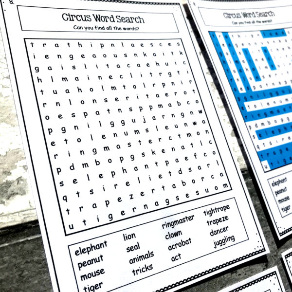 Circus Word Search Activities