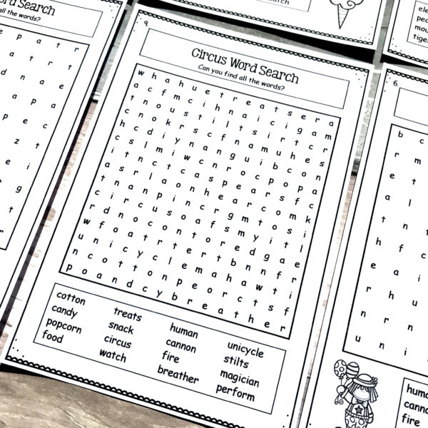 Circus Word Search Activities