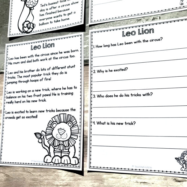 Circus Reading Comprehension Worksheets