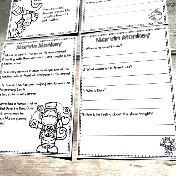 Circus Reading Comprehension Worksheets