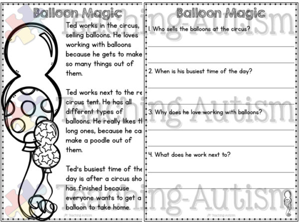 Circus Reading Comprehension Worksheets