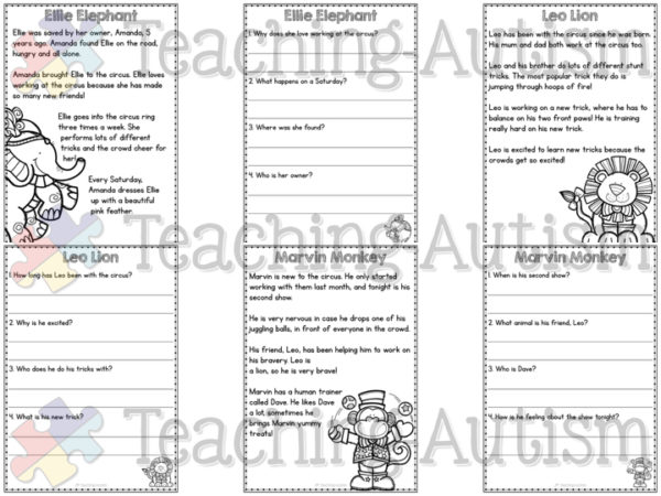 Circus Reading Comprehension Worksheets