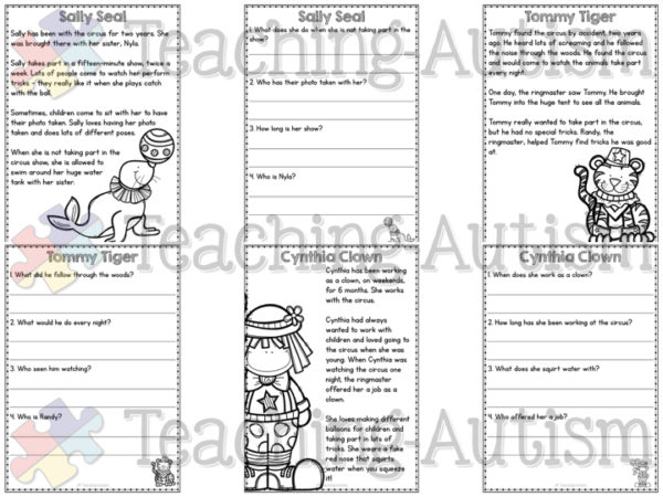 Circus Reading Comprehension Worksheets