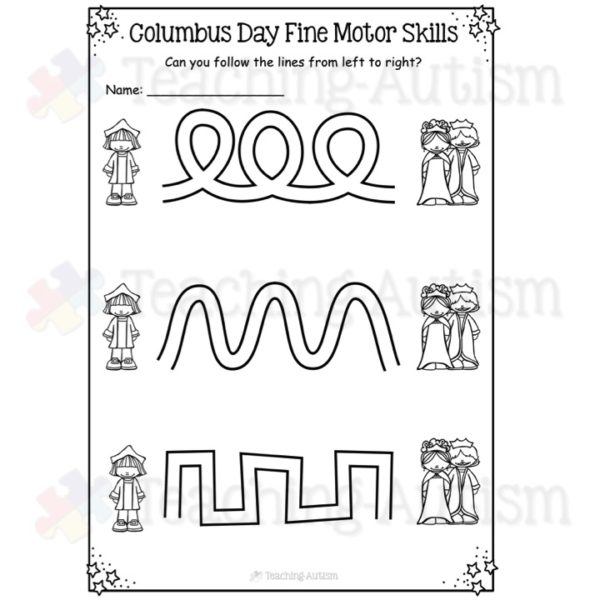 Columbus Day Pre Handwriting Fine Motor Worksheets