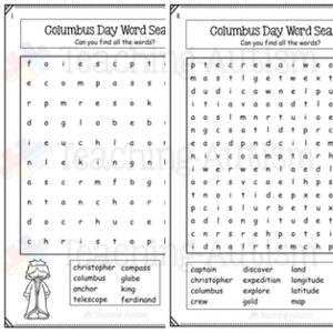 Columbus Day Word Search Worksheets