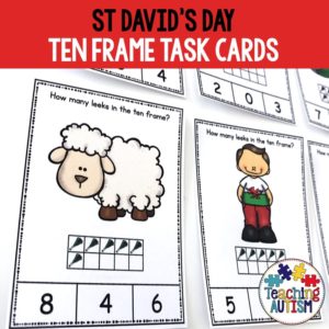 This St David's Day themed task card activity is a great way for students to work on their ten frame skills. This resource includes task cards with ten frames 0 - 10. Students have to count how many leeks are in the ten frame. Then, select the correct answer out of 3 choices on the bottom of the task card. Come in color/colour and black and white option. Instructions are on the first page of PDF file. 2 task cards come on each page. I recommend cutting and laminating each task card. By laminating the task cards you will find they are stronger and longer lasting. This means you can use them year in, year out for your students. You can wipe them clean after your students have finished with them! Great for number/counting practice especially for St. David's time