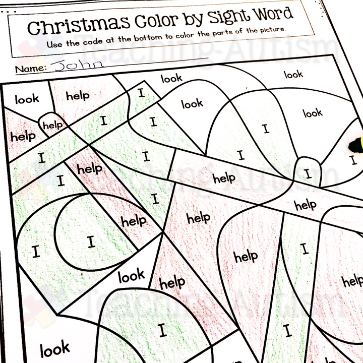 Christmas Colour by Sight Word Pre Primer Teaching Autism
