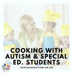Teacher cooking with children in her special education classroom.