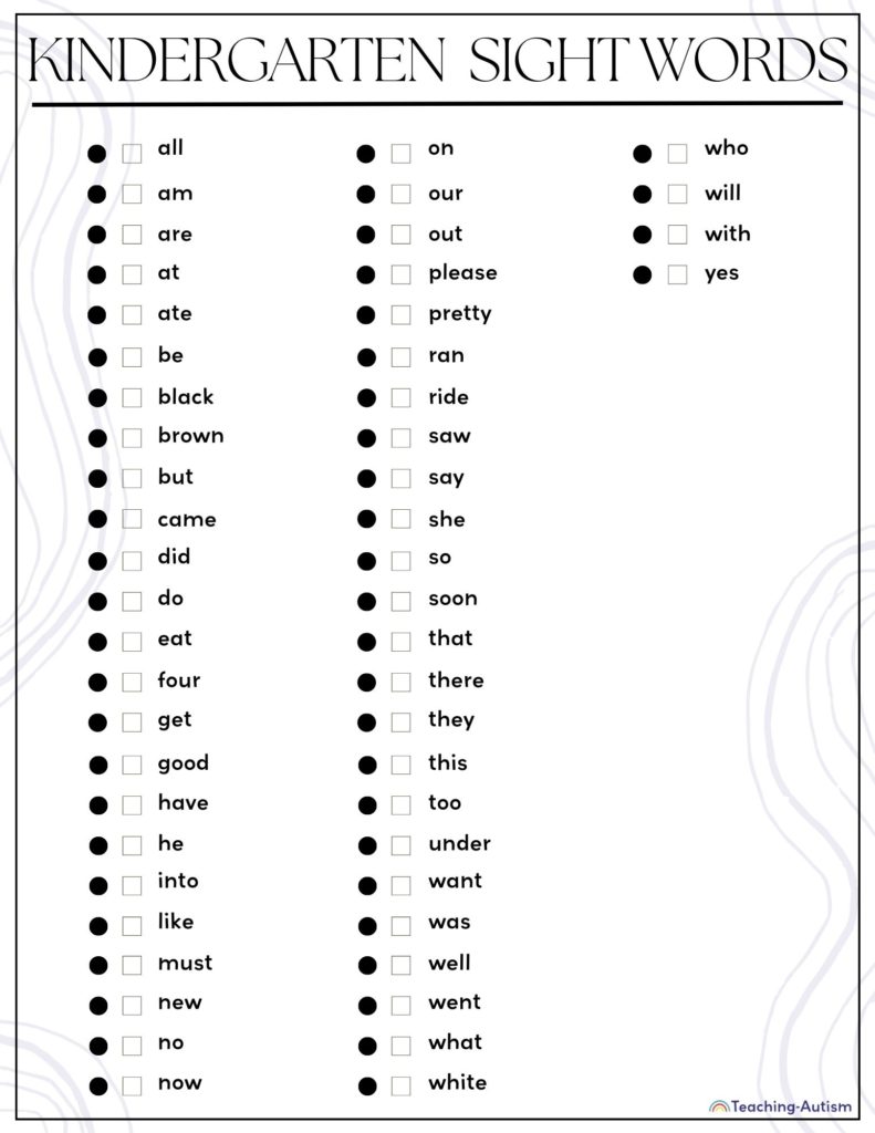 Kindergarten Sight Words Checklist