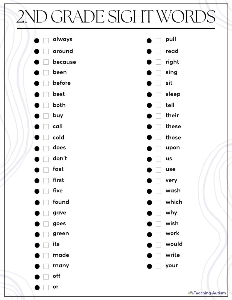 2nd Grade Sight Words Checklist