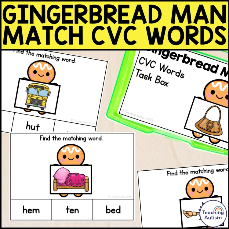 Gingerbread Man CVC Words Task Box | Matching CVC Words to Pictures