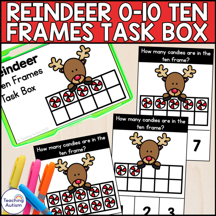 Reindeer Ten Frames Task Cards | Christmas Counting Task Box Special Education