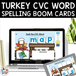 CVC Words Spelling Turkey Theme | Thanksgiving Boom Cards