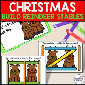 Christmas Fine Motor Task Box | Reindeer Stables Popsicle Stick Building Cards