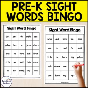Pre-K Sight Word Bingo | Pre Primer Sight Word Bingo