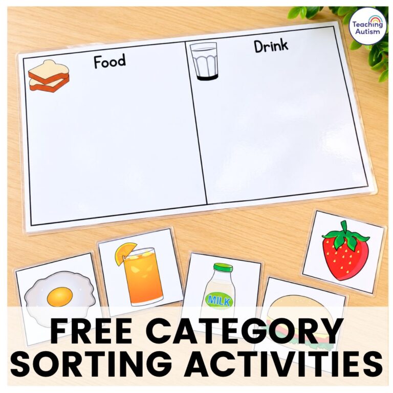 Free category sorting activities for speech therapy and special education, showing a laminated food and drink sorting board with picture cards of an egg, orange juice, milk, burger, and strawberry.