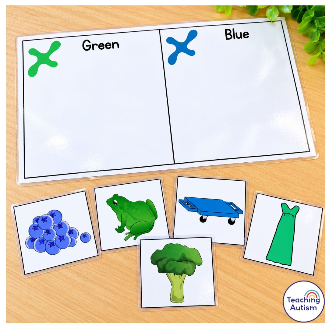 Free color sorting activity for speech therapy and special education, featuring a laminated green and blue sorting board with picture cards of blueberries, a frog, blue cart, green dress, and broccoli.