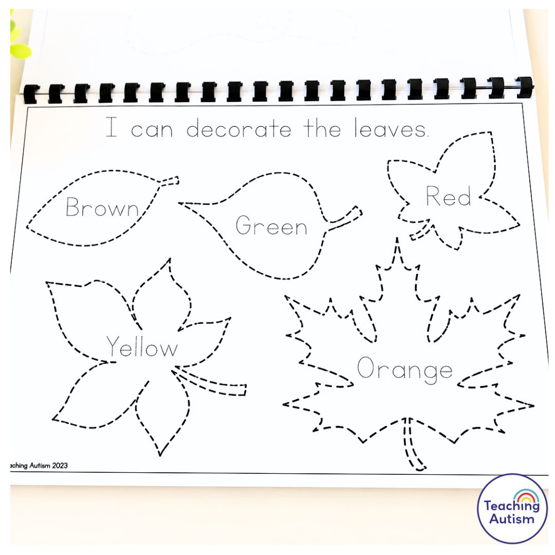 November Fine Motor Journal worksheet featuring five fall leaf tracing and coloring activities labeled brown, green, red, yellow, and orange, designed to support fine motor skills and color recognition.