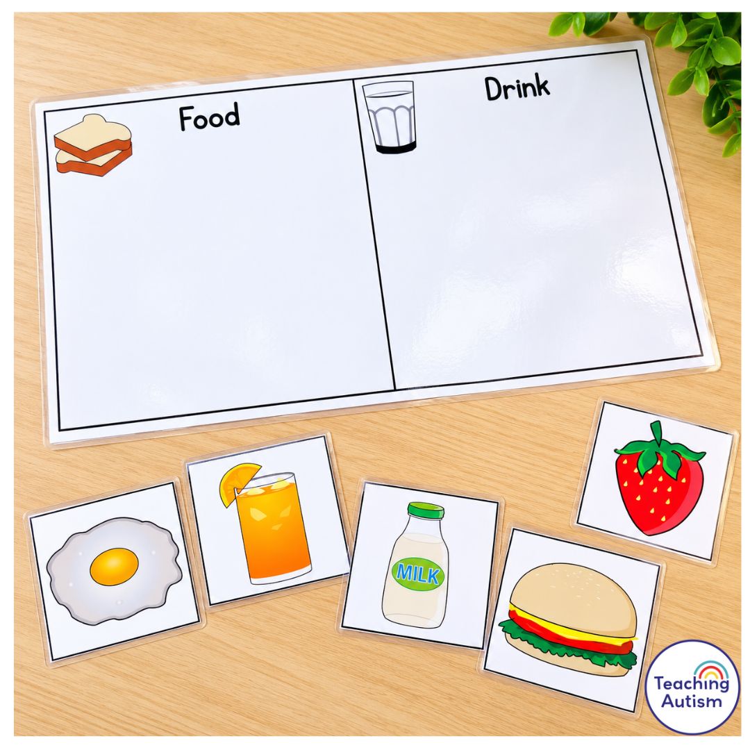 Free category sorting activity for speech therapy and special education, featuring a laminated food and drink sorting board with picture cards of an egg, orange juice, milk, burger, and strawberry.