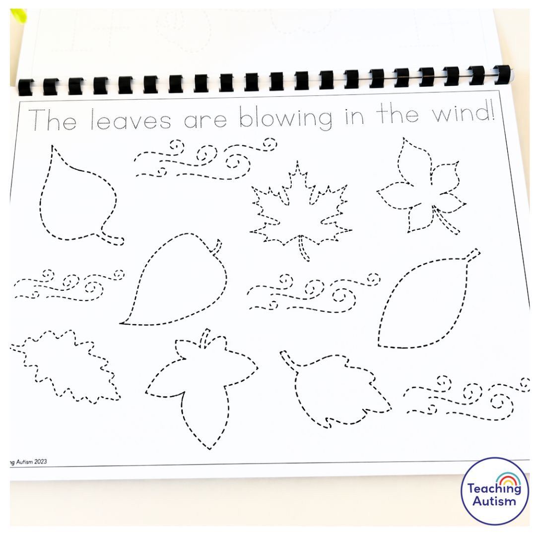November Fine Motor Journal worksheet featuring fall leaves and swirling wind tracing activities, with dotted lines to help students practice pencil control, hand-eye coordination, and fine motor skills.