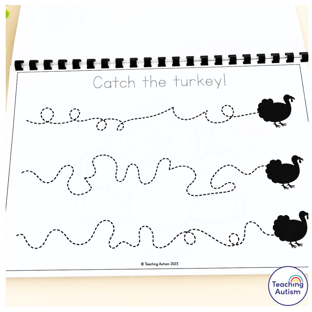 November Fine Motor Journal worksheet featuring three dotted tracing paths leading to turkeys, designed to help students practice pencil control, pre-writing skills, and hand-eye coordination.