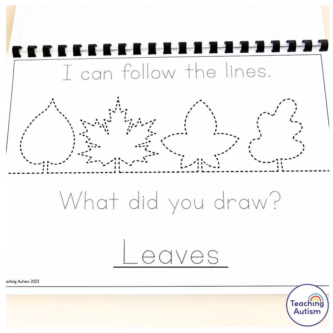 November Fine Motor Journal worksheet featuring four dotted fall leaf tracing shapes, a pre-writing activity to practice pencil control, and the word "Leaves" for handwriting and vocabulary practice.
