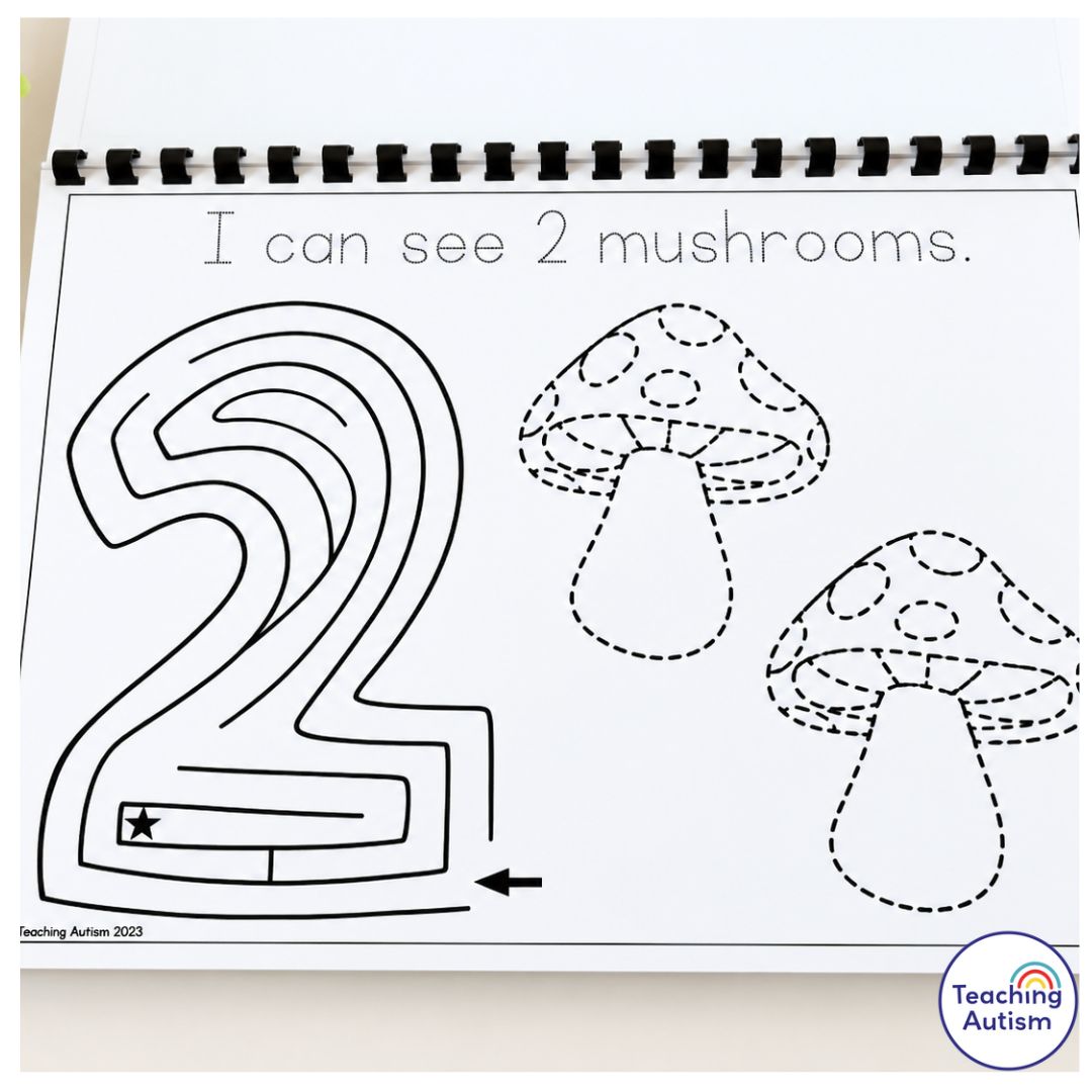November Fine Motor Journal worksheet featuring a large number 2 tracing maze and two dotted mushroom illustrations, designed to support number recognition, counting, pencil control, and fine motor skills.