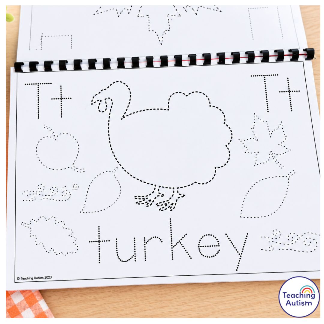 November Fine Motor Journal worksheet featuring a dotted turkey tracing activity, uppercase and lowercase letter T practice, and fall-themed shapes to support pencil control, letter recognition, pre-writing, and fine motor skills.