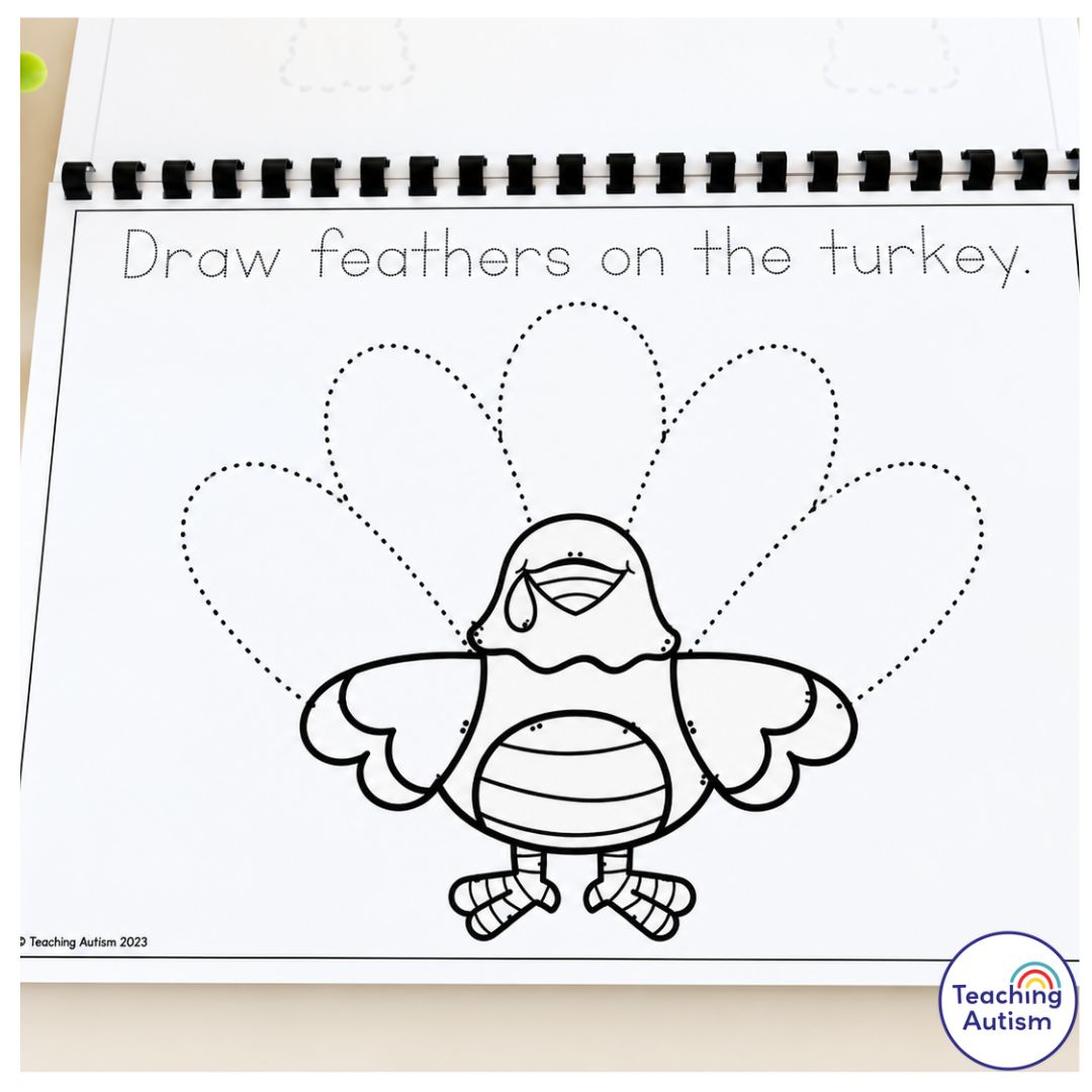 November Fine Motor Journal worksheet featuring a cartoon turkey with five dotted feather outlines for tracing, designed to develop pencil control, hand-eye coordination, pre-writing skills, and fine motor skills through a Thanksgiving-themed activity.










Convert to PDF